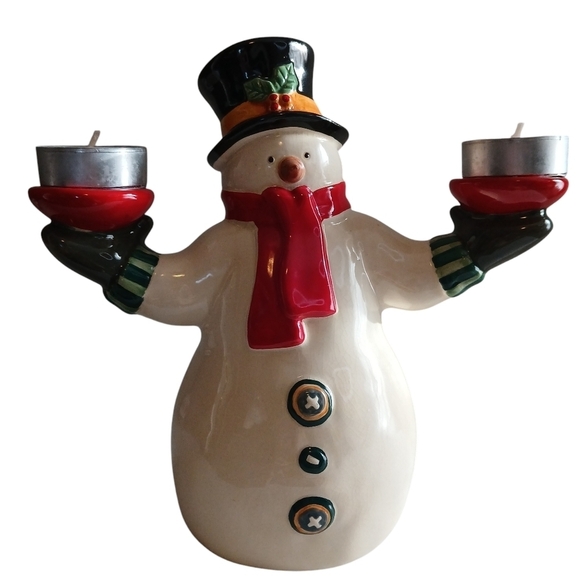 Vintage Russ Berrie Christmas Snowman Double Candle Holder w/ Candles - Picture 6 of 12